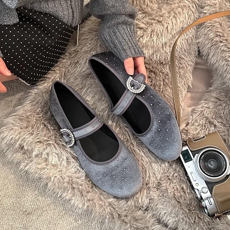 French single shoes women's 2025 spring and autumn new retro design flat ballet shoes shallow mouth rhinestone Mary Jane shoes