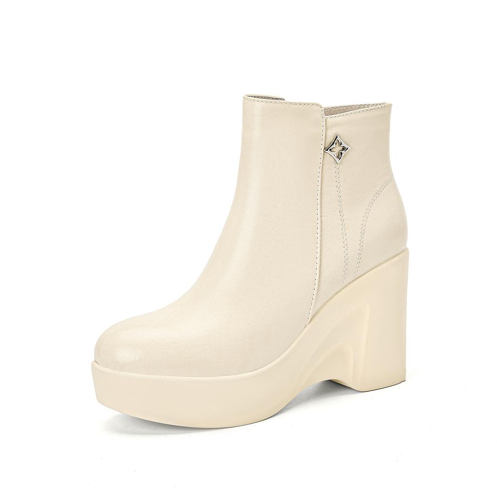 Round head small thick-soled leather short boots 2025 autumn and winter new muffin bottom slope heel versatile super high heel and ankle boots