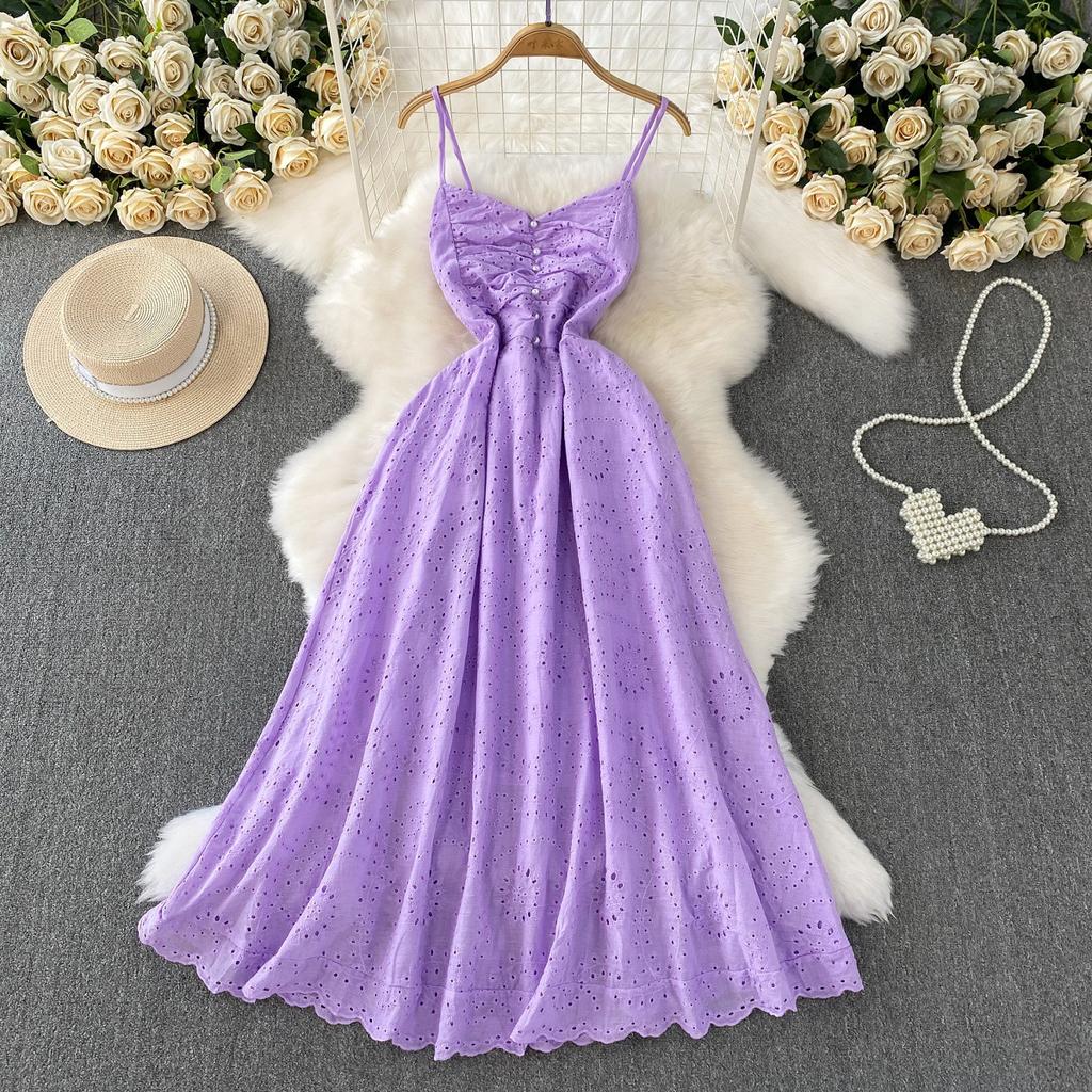 French gentle wind pink V-neck suspender dress women's summer crochet hollow embroidery thin pendulum long skirt