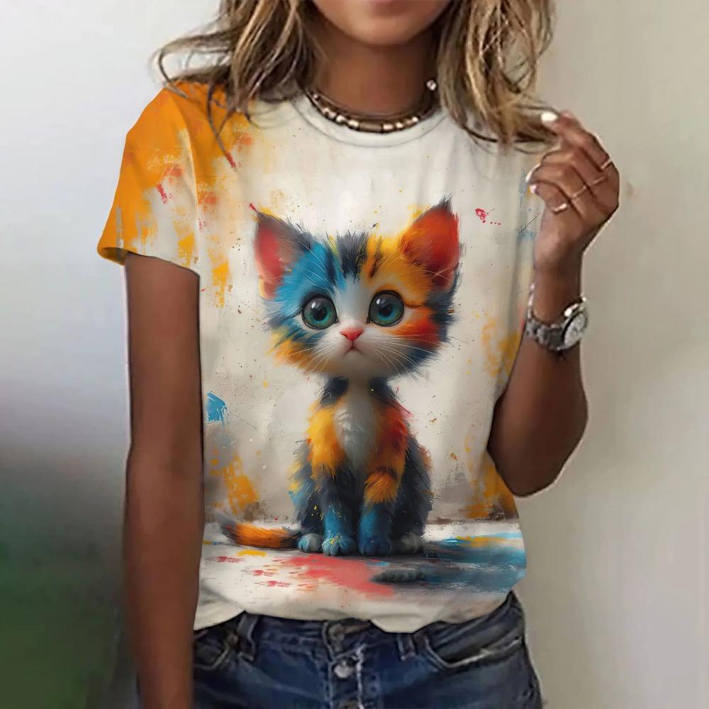 Cute cat 3D printed women's loose round neck short sleeved T-shirt