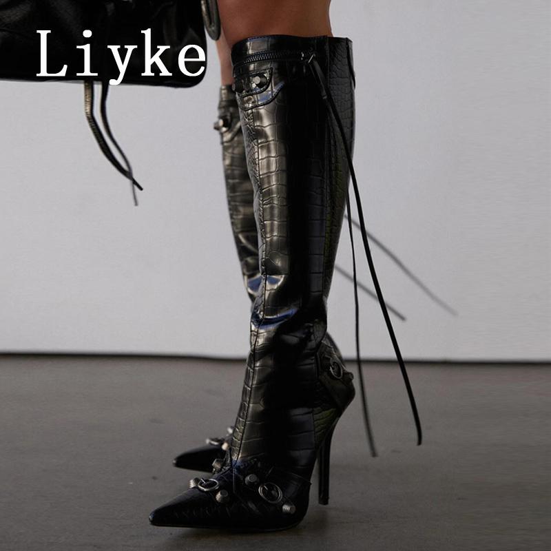 Fashion Liyke 2025 New Sexy Pointed Toe Knee High Boots Women Pole Dance Stiletto Heels Pumps Fashion Tassel Zip Rivet Winter Long Shoes