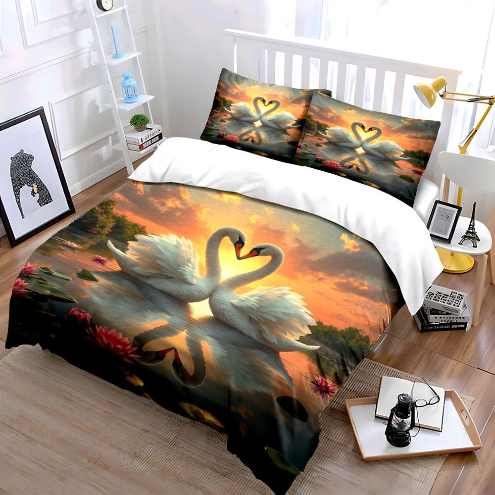 Swans In Sunset Romance Printed Duvet Cover Set1 Duvet Cover+2 Pillowcasemulti Size Bedroom Bedding Decor Luxury Gifts