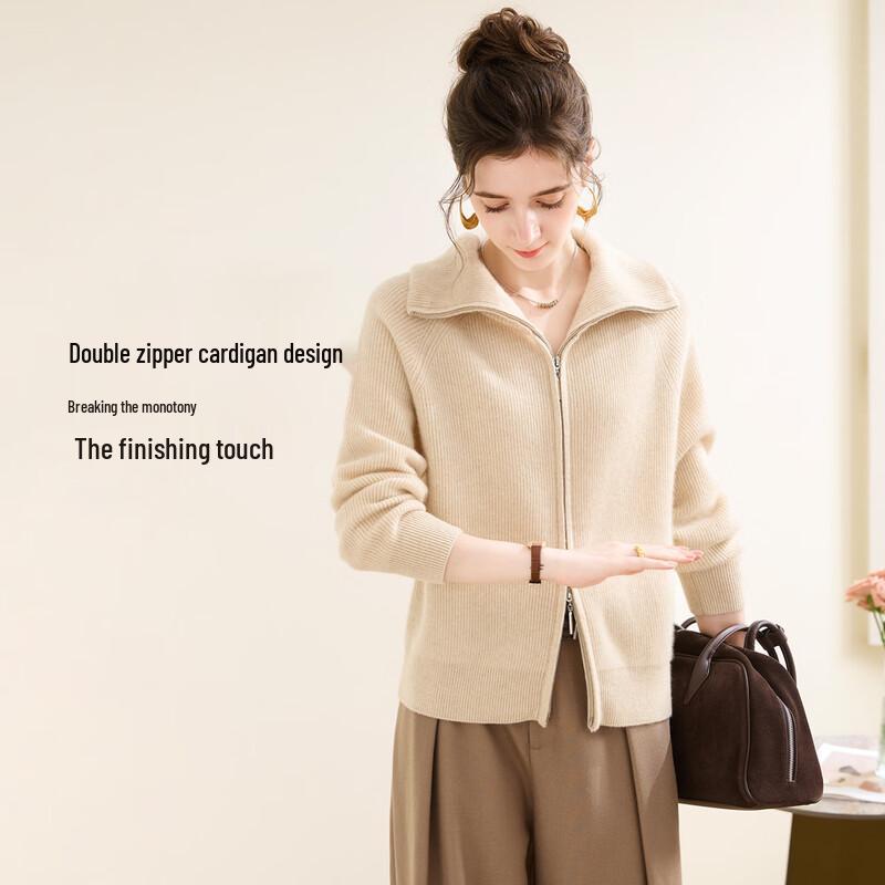 TUHUANG Women's Thick Pure Cashmere Stand Collar Cardigan