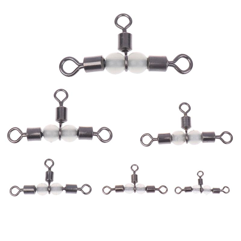 10Pieces Stainless Steel T-Turn 3 Way Fishing Connector Rolling Swivel Fishing Tackle Connector Luminous Beads Attract Fish