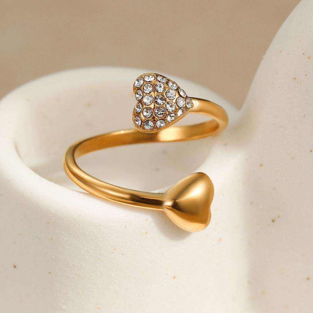 European and American ins fashionable and simple zircon titanium steel ring plated with K gold water drop love open ring hand jewelry