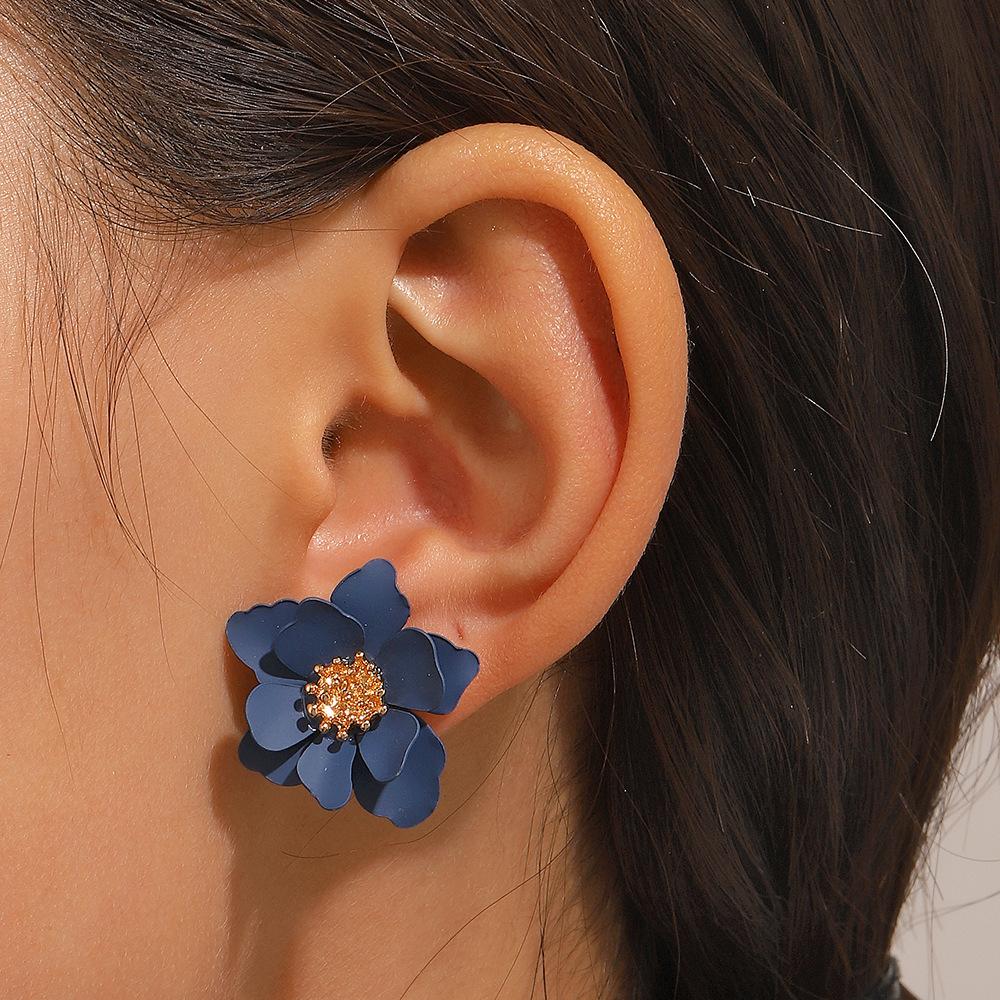 European American Trendy 3D Metal Flower Petal Stud Earrings, Japanese Korean Temperament Women Earrings