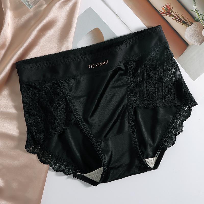 Plussize Ladies Summer Light Luxury Satin Sexy Lace Ice Silk Breathable High Waisted Briefs