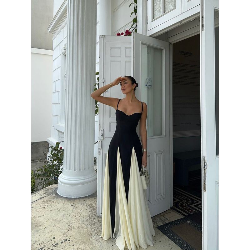 Night and France French Style Sexy Style Black and White Color Matching Sling Dress Slim Fit Slimming Formal Dress Mopping Floor Long Dress