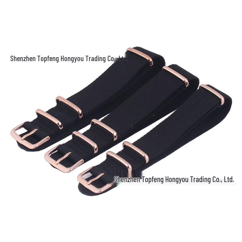 Rose Gold Buckle Nylon Canvas Watch Band, Black, 18/20/22mm