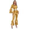 Womens Vintage 70S Disco Metallic Shiny Jumpsuit Tiered Flare Sleeve Bell Bottom Hippie Romper One-piece Dancewear Costumes
