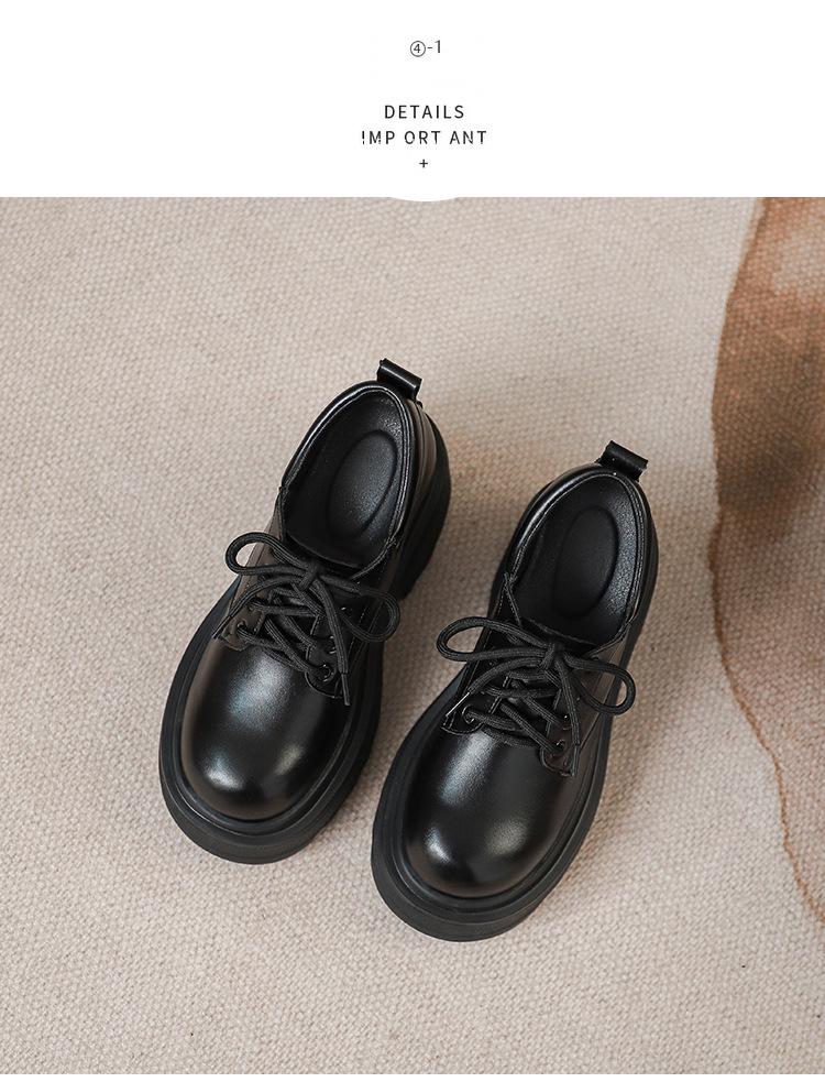 12cm Height Boost Chunky Heel Black Leather Loafers for Women, British Style, Lace-up High Heels for Spring & Autumn