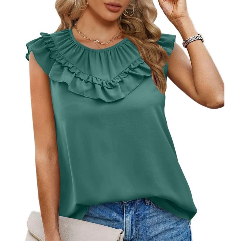 Summer Ruffles Loose Sleeveless White Shirts Women Elegant Casual Chiffon Blouse Women Solid O Neck Tops Shirt Blusas  25556