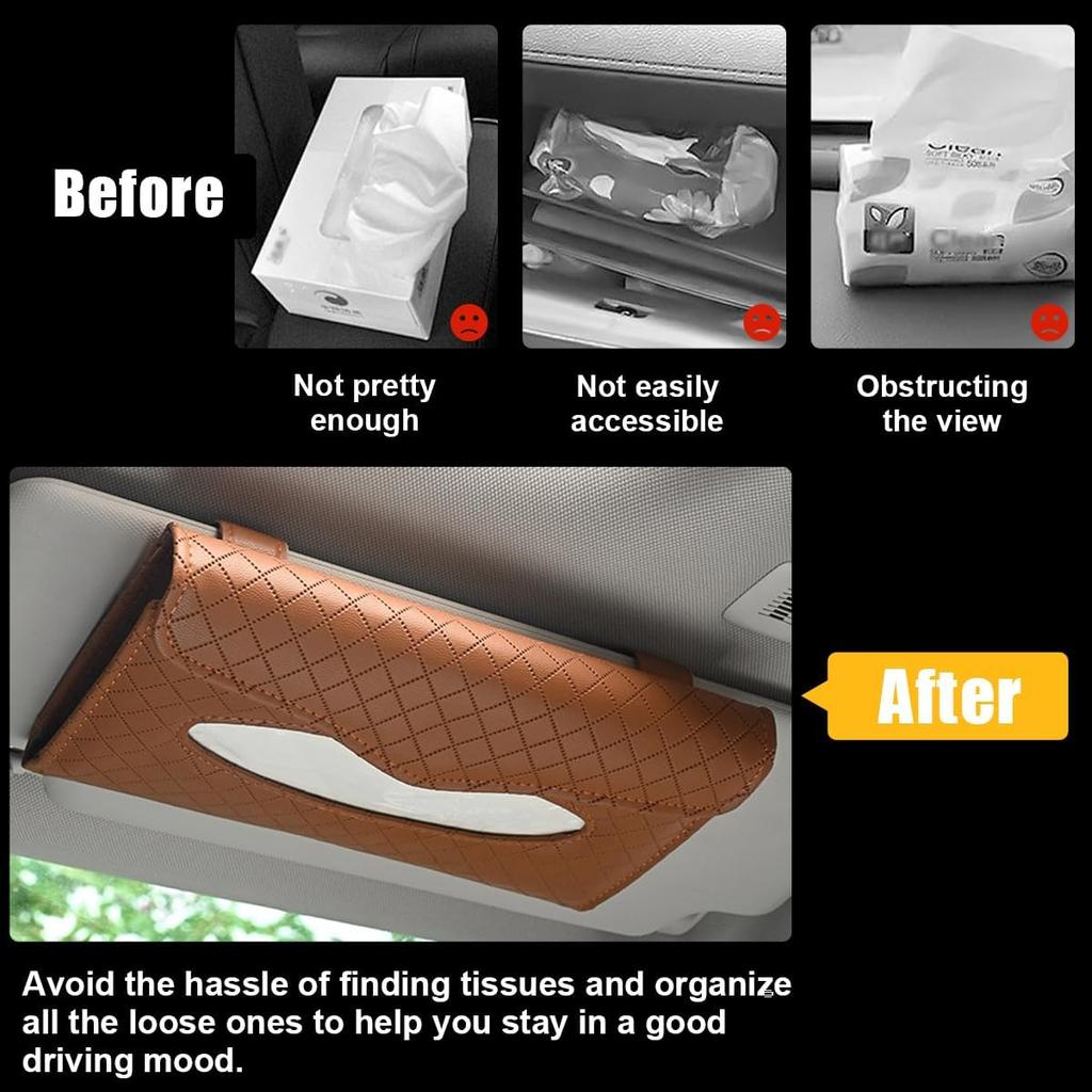 Car Tissue Holder, Automotive Sun Visor Napkin Holder, PU Leather Tissue Case for Sun Visor & Seat Back with Tissue Refill, Universal Interior Car