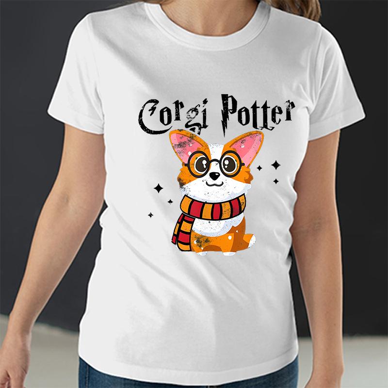 Kawaii Corgi Potter T-Shirt for Women Clothing Fashion Corgi Dog Lovers Cute Graphic Tees Short Sleeve Shirt Femme Streetwear