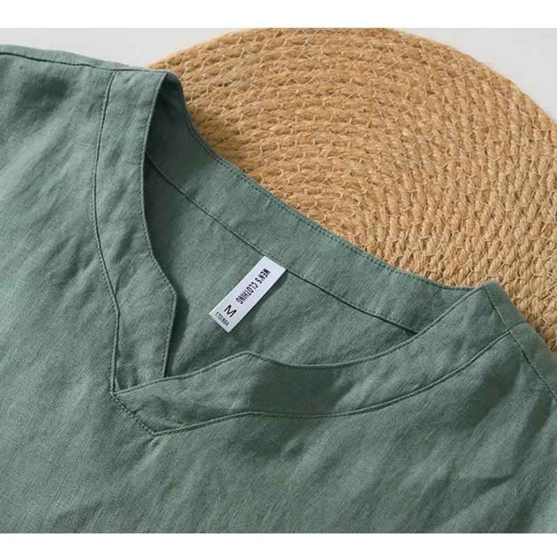 Summer 100% Natural Linens Tees Men Chinese Style Retro Clothes Solid Color Stand Collar V-Neck Short Sleeves Tops&T-shirts Casual Breathable Tshirt