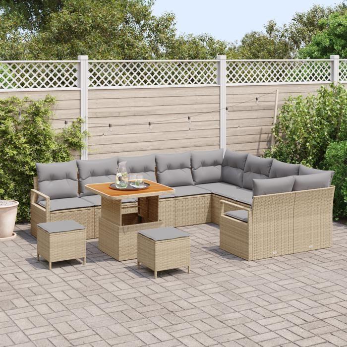 Ensemble de canapé de jardin de 12 pièces avec coussins en poly rotin beige, Ensemble de salle à manger de jardin 3362562