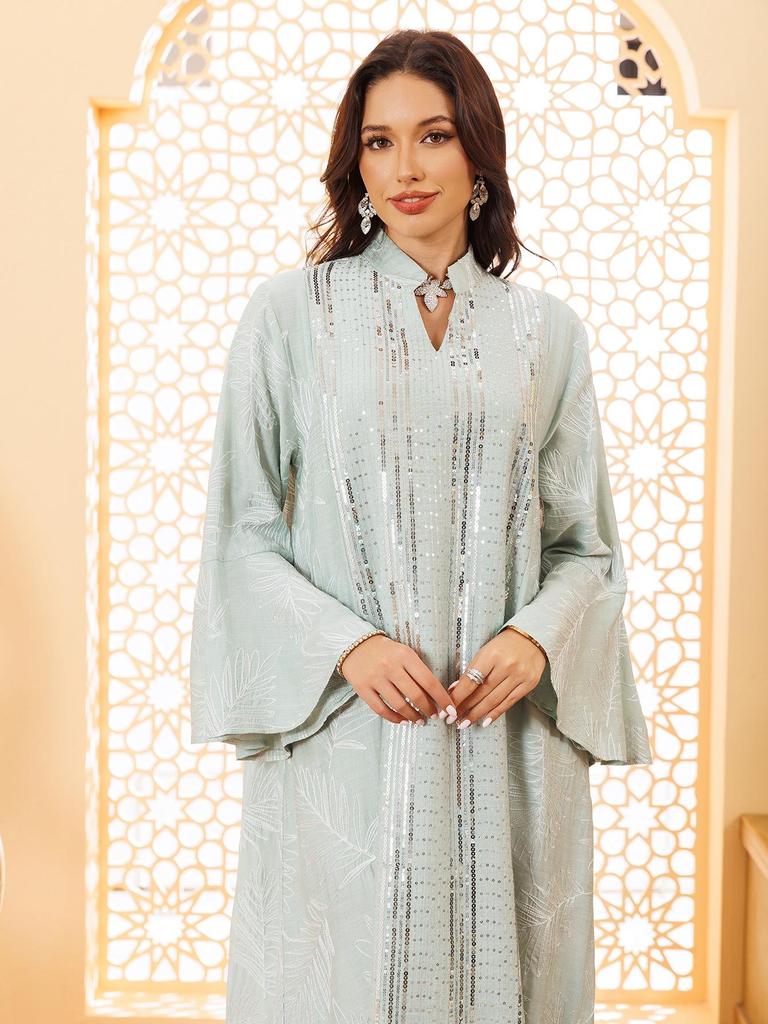 Elegant Sequin Embroidered Muslim Women's Robe - Middle Eastern Style Long Dress