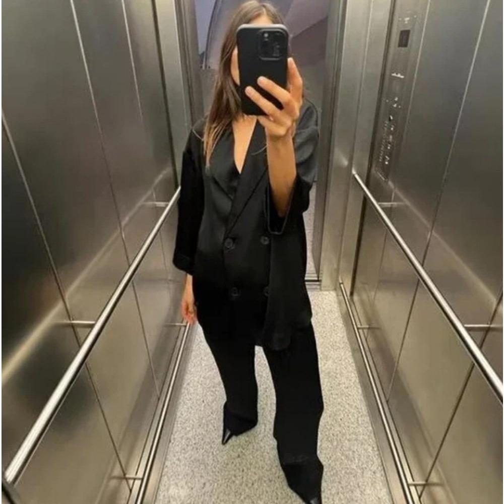 VAYLA Autumn Women Casual Blazer Coat Pants Set Long Sleeve Double Breasted Blazer + Wide Leg Trousers Lady Office Outfit