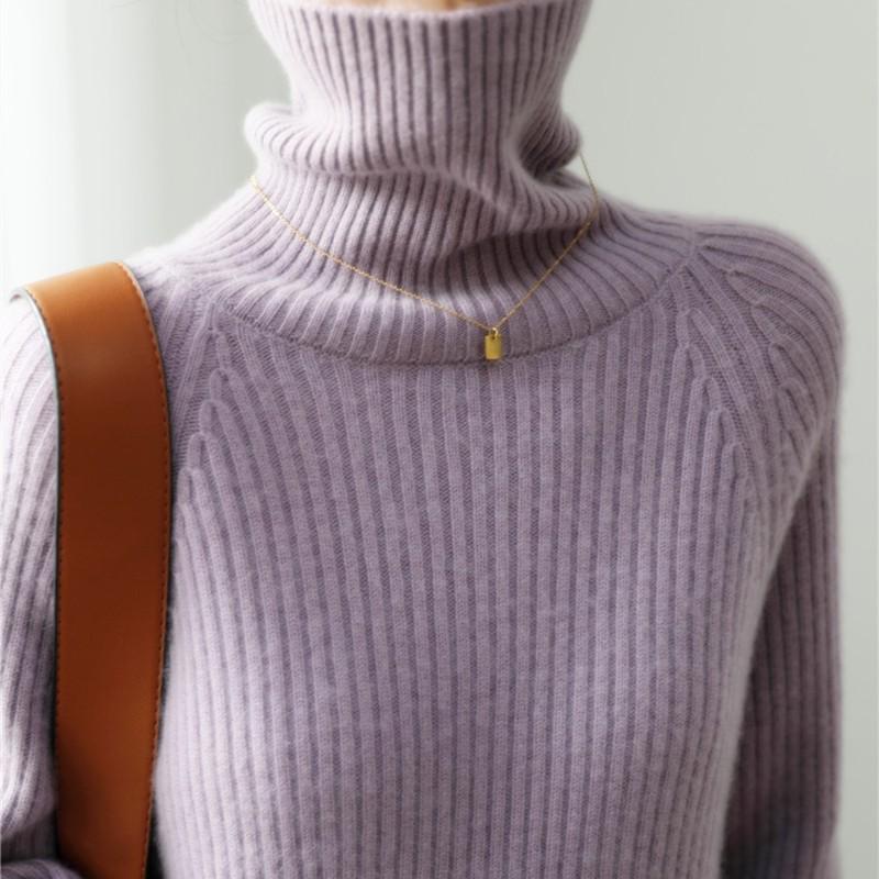 Women's High-Neck Striped Wool Sweater – Thick, Soft, Versatile Knit for Autumn/Winter