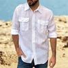 Camicia classica da uomo in cotone e lino, con doppia tasca, a maniche lunghe, casual, con risvolto, tinta unita, leggera, abbigliamento maschile alla moda
