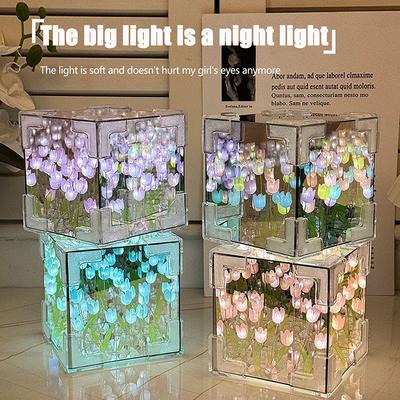 1 Set Couple Girlfriend Gift 10Cm Creative Diy Tulip Flower Sea Cube Three-Dimensional Small Night Lamp Material Package