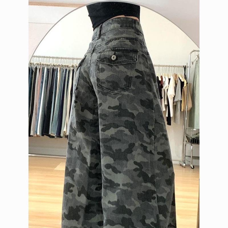 American Retro Camouflage Wide-Leg Jeans: Women's Spring Slimming Loose Fit Pants