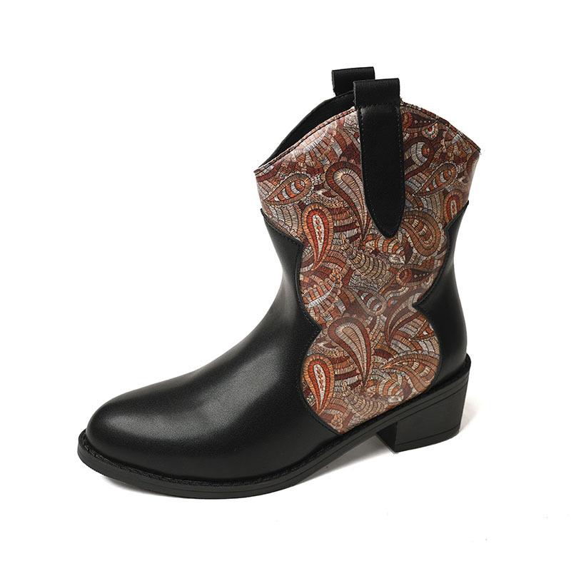 Large size pointed thick heel retro color matching printed short boots Martin boots new versatile fashion boots