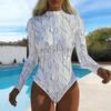 Dames Zwempak met Lange Mouwen, Eendelig, Ritssluiting aan de Voorkant, Kleine Bloemendruk, Rash Guard, Surfen, Zwempak