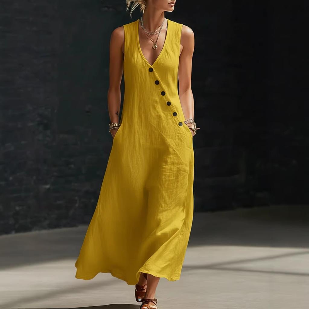 Women's V Neck Sleeveless Loose Fit Linen Maxi Dress Solid Color Side Button Casual Summer Vacation Long Dress