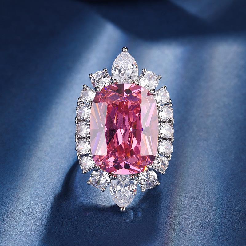 Jewelry Copper Bottom Gold-Plated Simulation Pink Diamond Temperament Light Luxury Pendant Ring Set Female Fat Square Owner 15 * 20