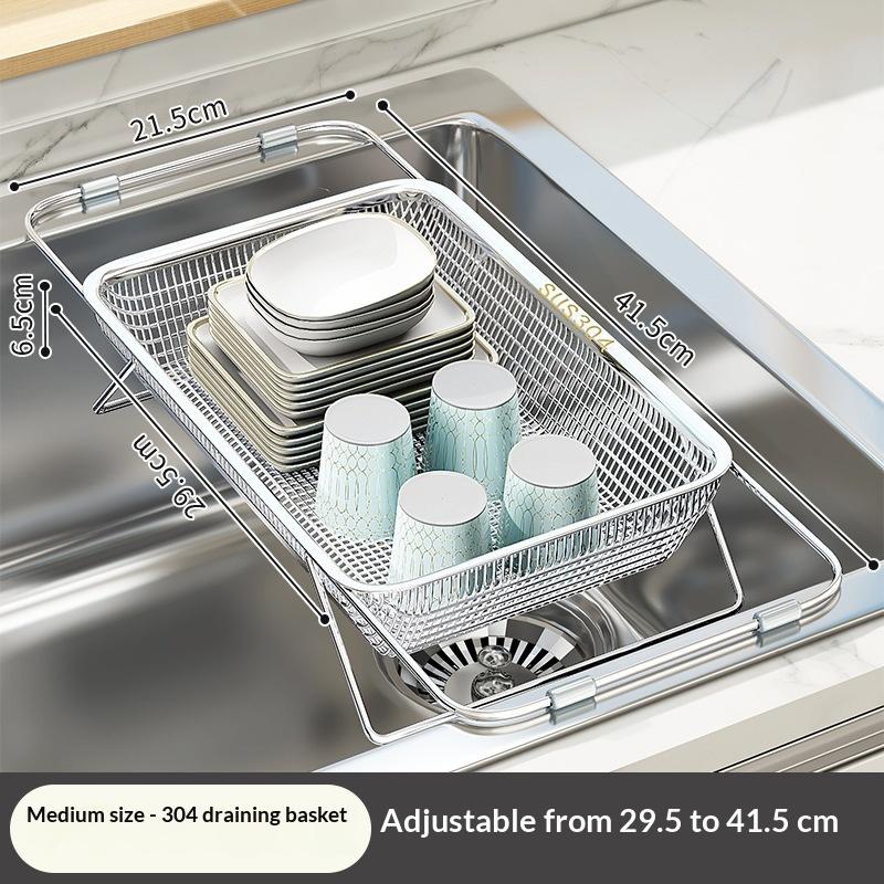 

Expandable Stainless Steel Drain Basket 304 Grade Retractable Sink Vegetable Washing Basin Dish Drying Rack for Kitchen