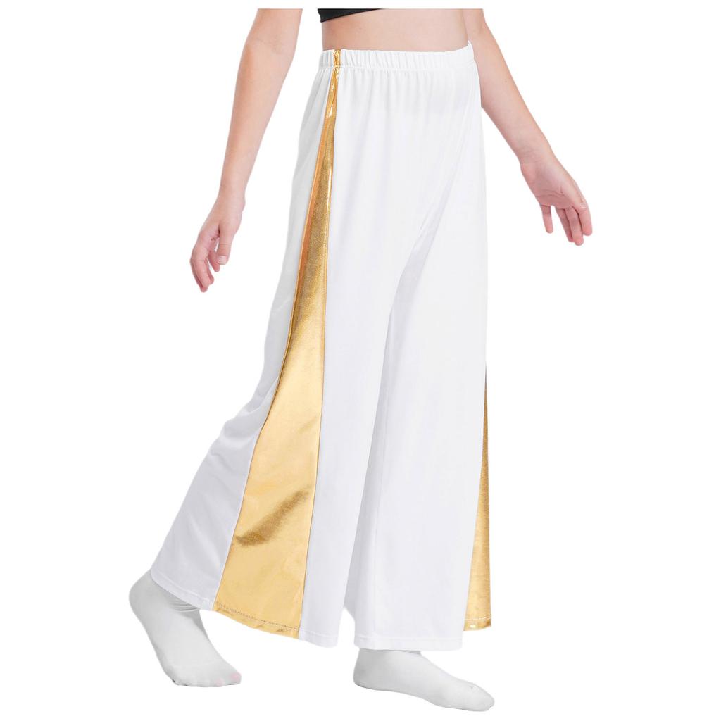 Girls Liturgical Dance Pants Metallic Patchwork Wide Leg High Waist Elastic Waistband Performance Trousers