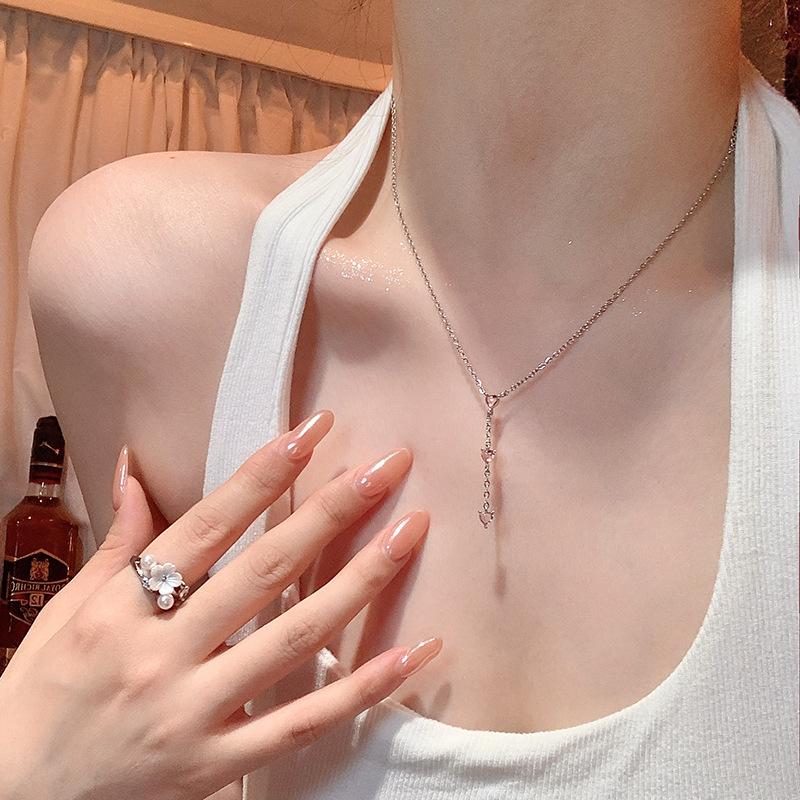 

Japanese and Korea Pink Mini Heart Shaped Zircon Necklaces for Women Girls Sweet Romantic Long Tassel Necklaces Jewelry Gifts