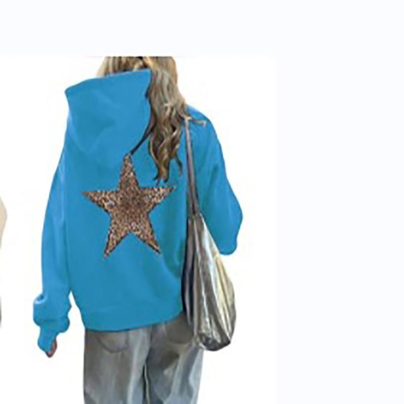 Mode Einfacher Leopardenmuster Fünfzackiger Stern Kapuzenpullover Lässig Locker Kängurutasche Kordelzug Pullover Oberteile