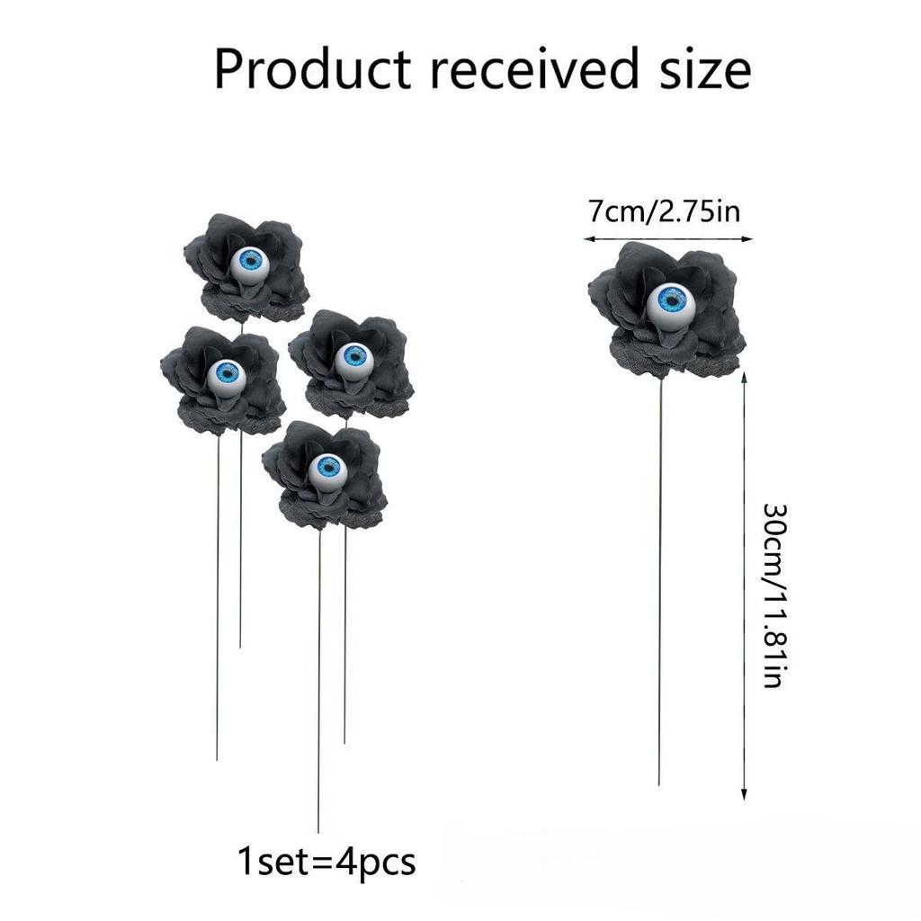 4Pcs/set Halloween Rose Flower Ground Pole Black Rose PVC Simulation Eyeball Flower DIY Garden Courtyard Halloween Decor Gifts