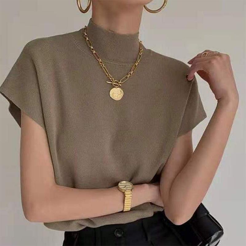 

Французский вязаный жилет с полуводолазкой, женский жилет, свободная верхняя одежда, универсальный короткий свитер one size дубильная кора