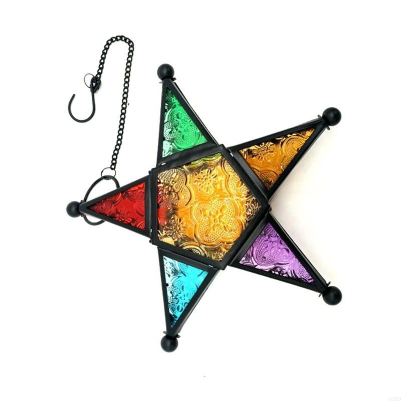 62KD Wind Resistant Tealight Lanterns Holder Colored Glass Panel and Iron Frame Moroccans Lamp Stand for Patios Garden Decors