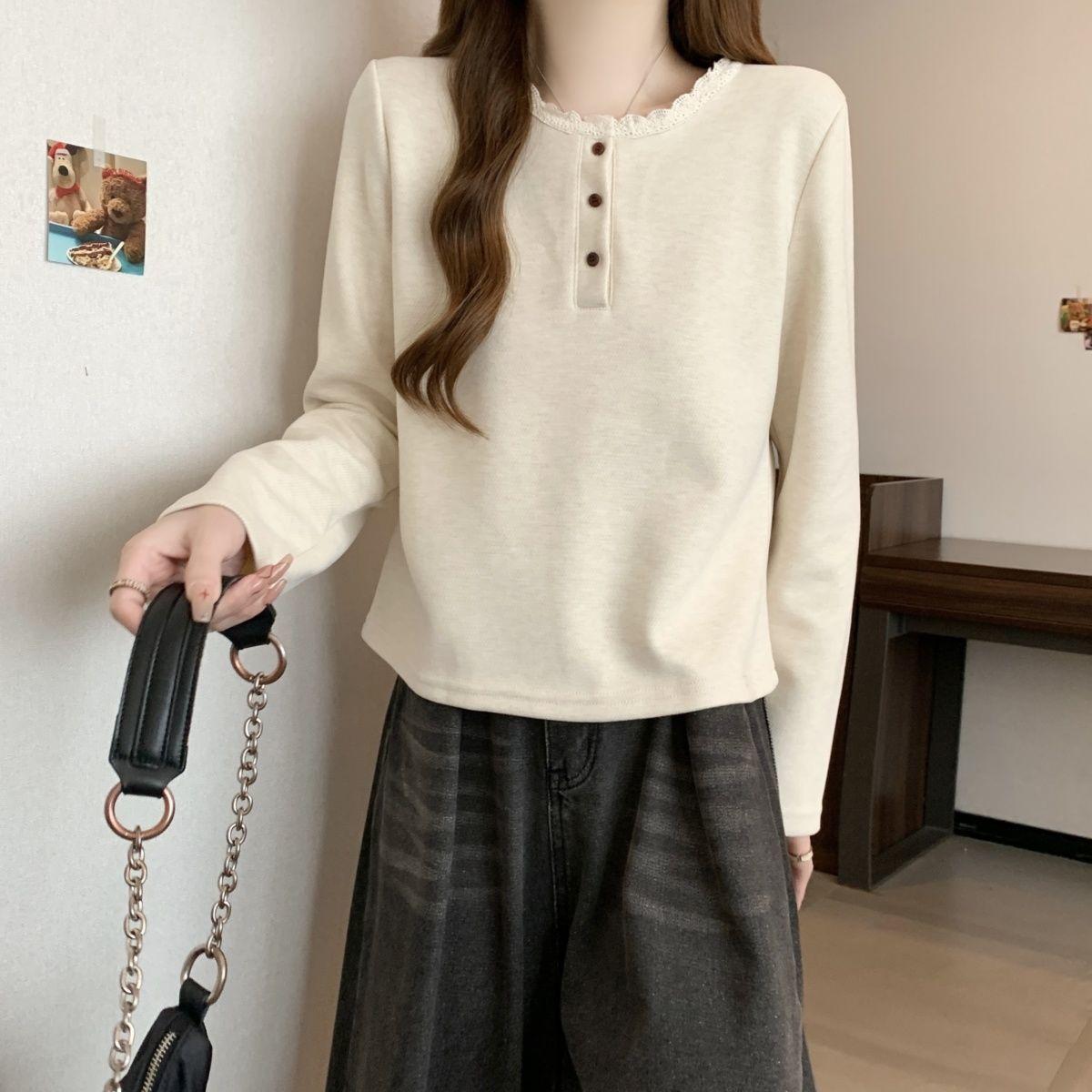 

Western Style Warm German Velvet Lace Long-sleeved T-shirt Women Autumn Winter Korean Style Loose Slimming Bottoming Top L бежевий