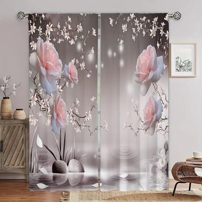 Elegant Pink Flowers - Printed Curtains, Pole Bag Curtains, Home Decoration, Room Decoration