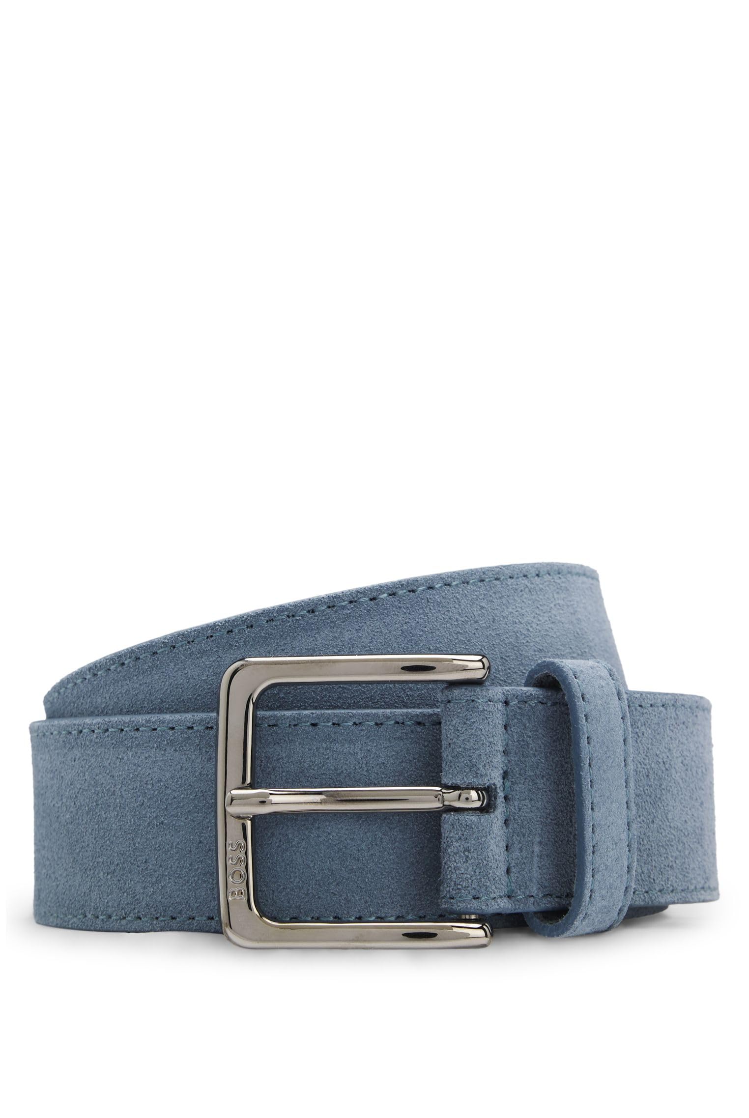[BOSS] Suede Belt with Logo Engraving and Gunmetal Buckle, Men s, 105 Blue