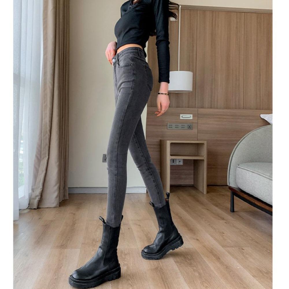 Korean high-waisted jeans for women's spring and autumn new fashion, thin, tight, elastic small-footed jeans trend ins