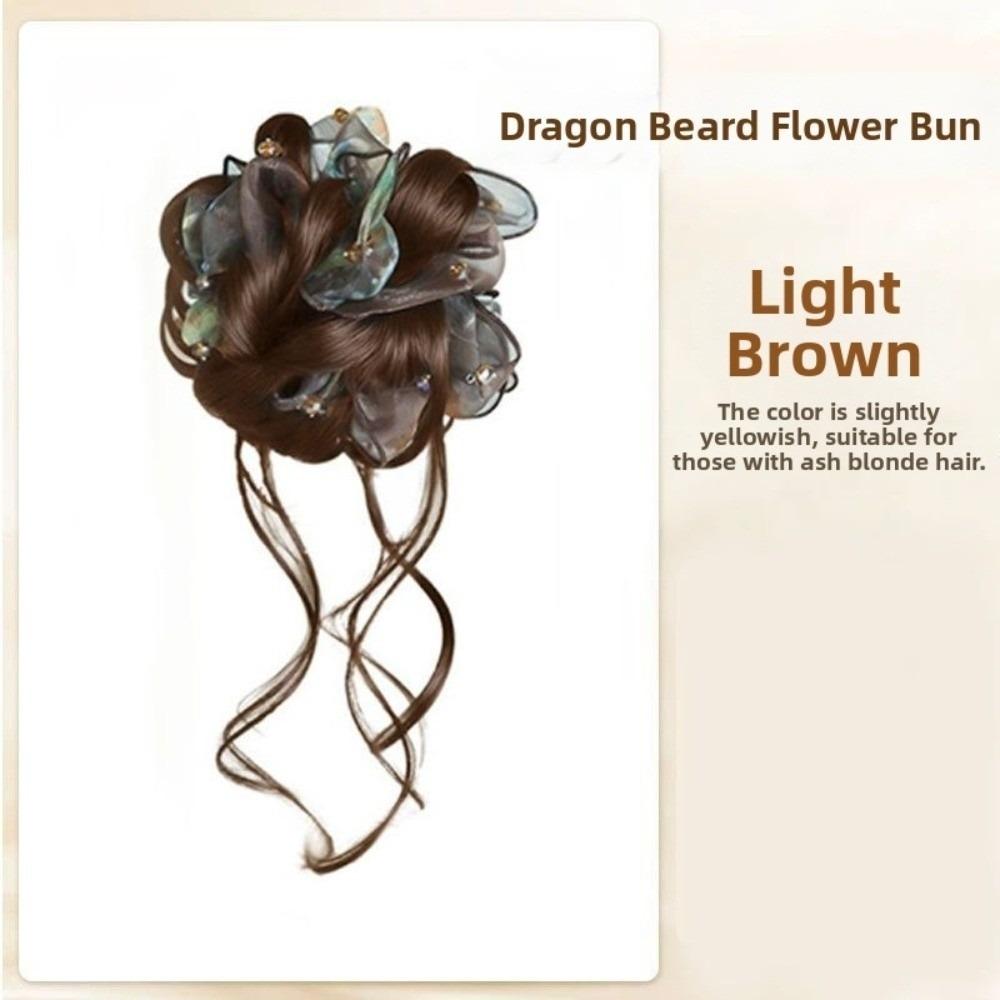 Synthetic Mesh Crystal Scrunchie Bun Hair Pieces Flower Bun Head Wig Daily Use светло-коричневого