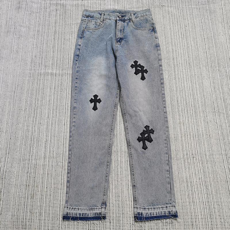 Unisex Y2K Harajuku Cross Embroidered Straight Jeans Men Women Summer Casual Denim Pants Streetwear