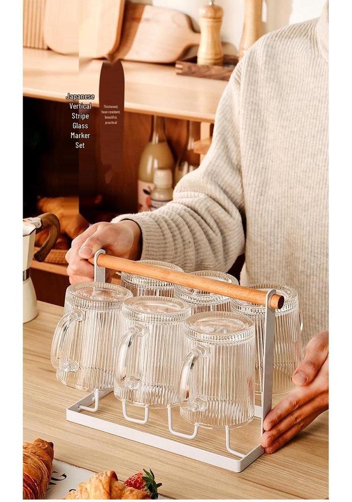Thick Vertical Stripe Glass Cups with Handles - Set for Coffee, Juice, Water, and Milk