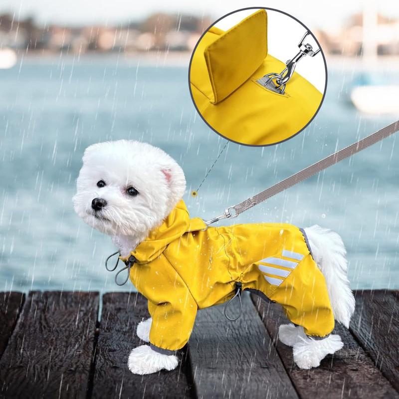 Full Coverage 4-Leg Waterproof Dog Raincoat With Hood British Style PU Pet Outerwear