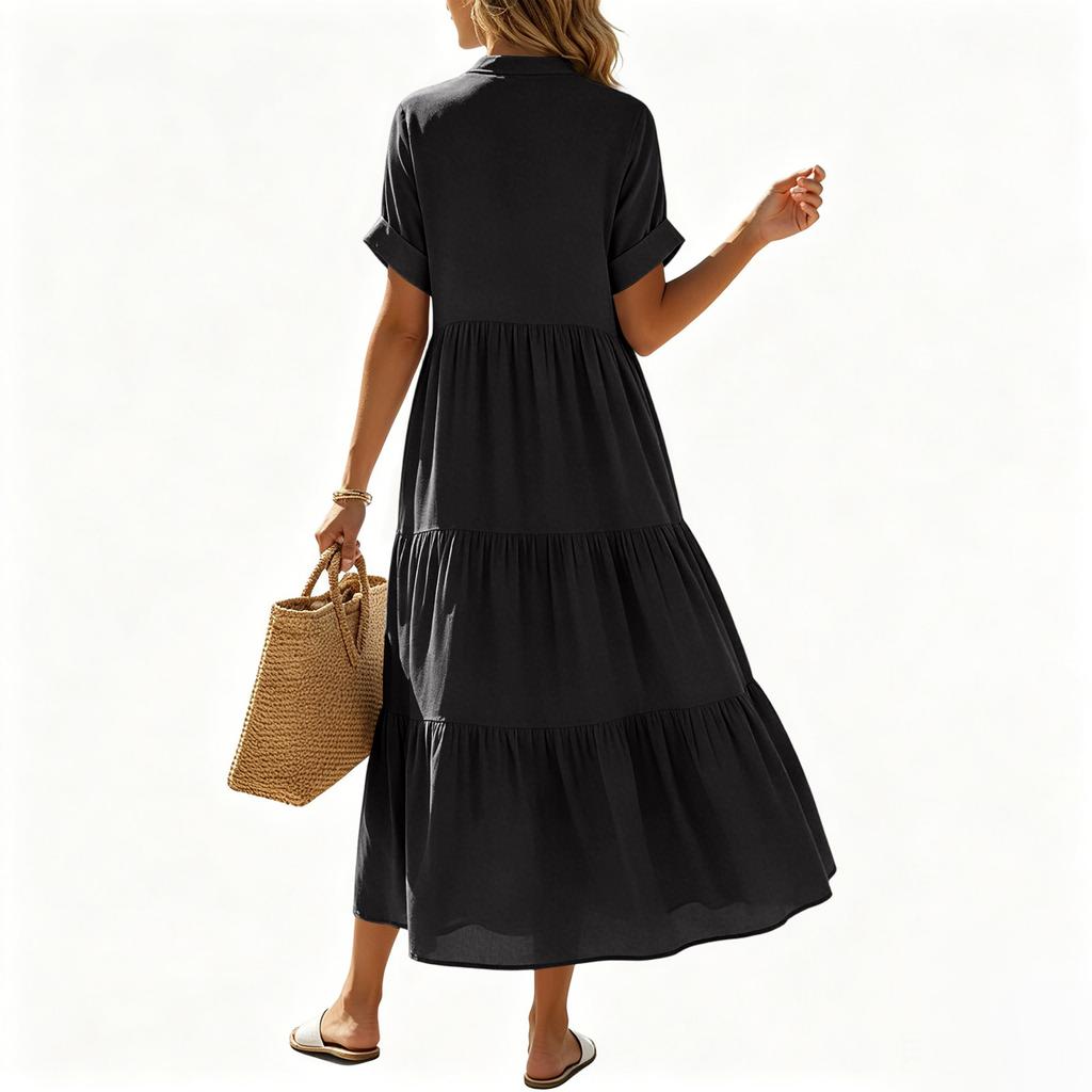 Damen Lässiges Kurzarm Maxikleid V-Ausschnitt Lockerer Schnitt Stufiger Rüschensaum Leichtes Sommerkleid mit Taschen
