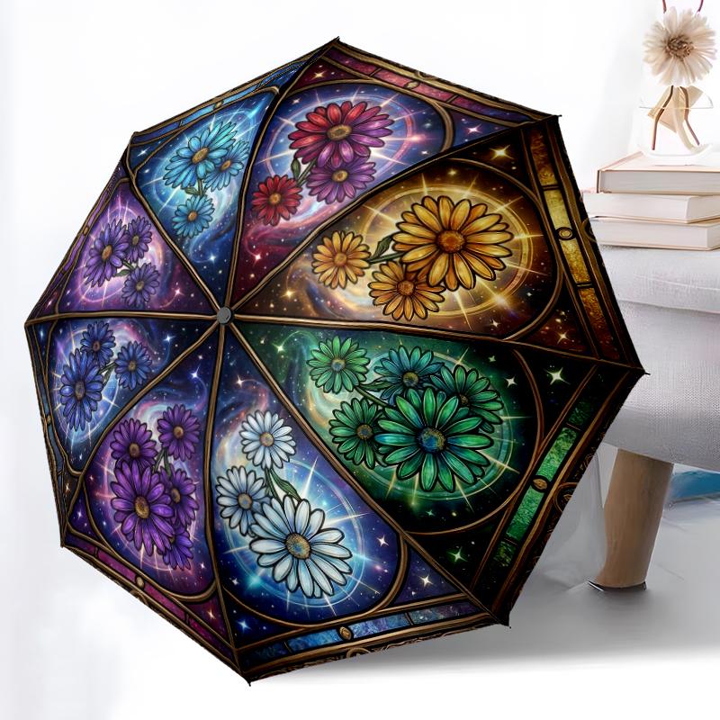 1pc Sturdy 8-Bone Auto Umbrella, Bright Gradient Daisy Starry Blooms Umbrella, Digital Printed, Foldable Umbrella for On-the-Go Outdoor Use