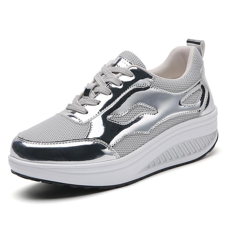 Fashion Spring Gold Mesh Casual Shoes Breathable Lace-up Wedge Platform Sneakers Women Shoes Comfortable Sports Silver Tennis Shoes