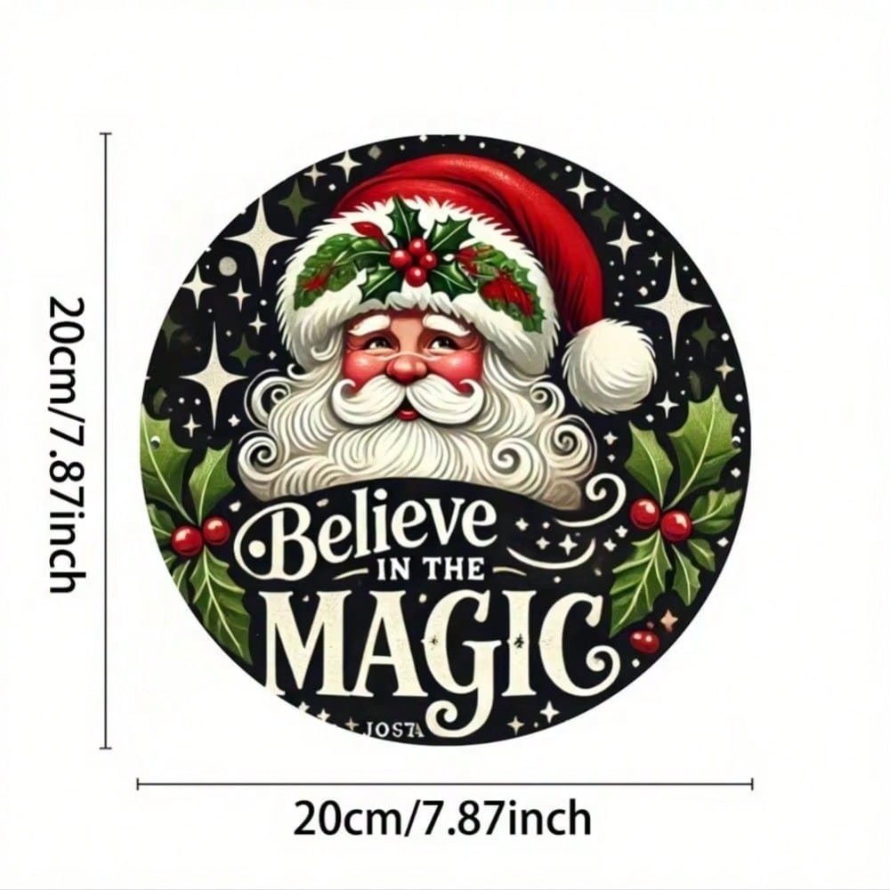 Vintage Believe In Magic Metal Wall Sign 8 Inch Round Christmas Wreath Decor Indoor Outdoor Holiday Door Hanging Home