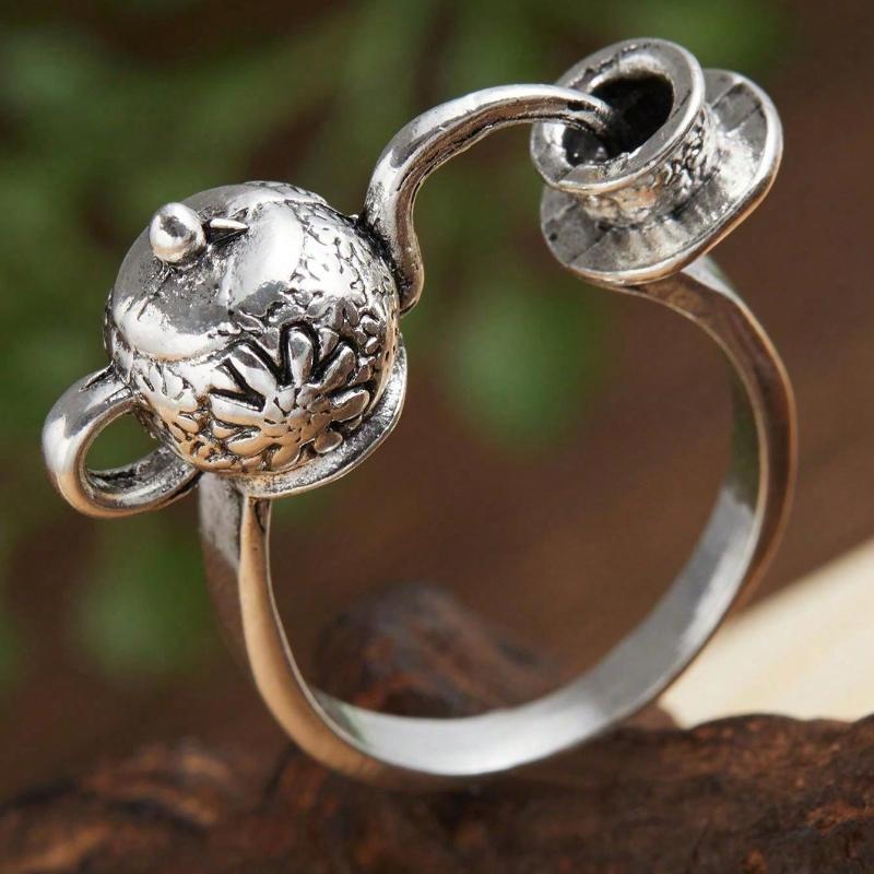 1PC Vintage Temperament Floral Pattern Pouring Teapot Geometric Adjustable Opening Ring For Men Fashion Jewelry Accessories
